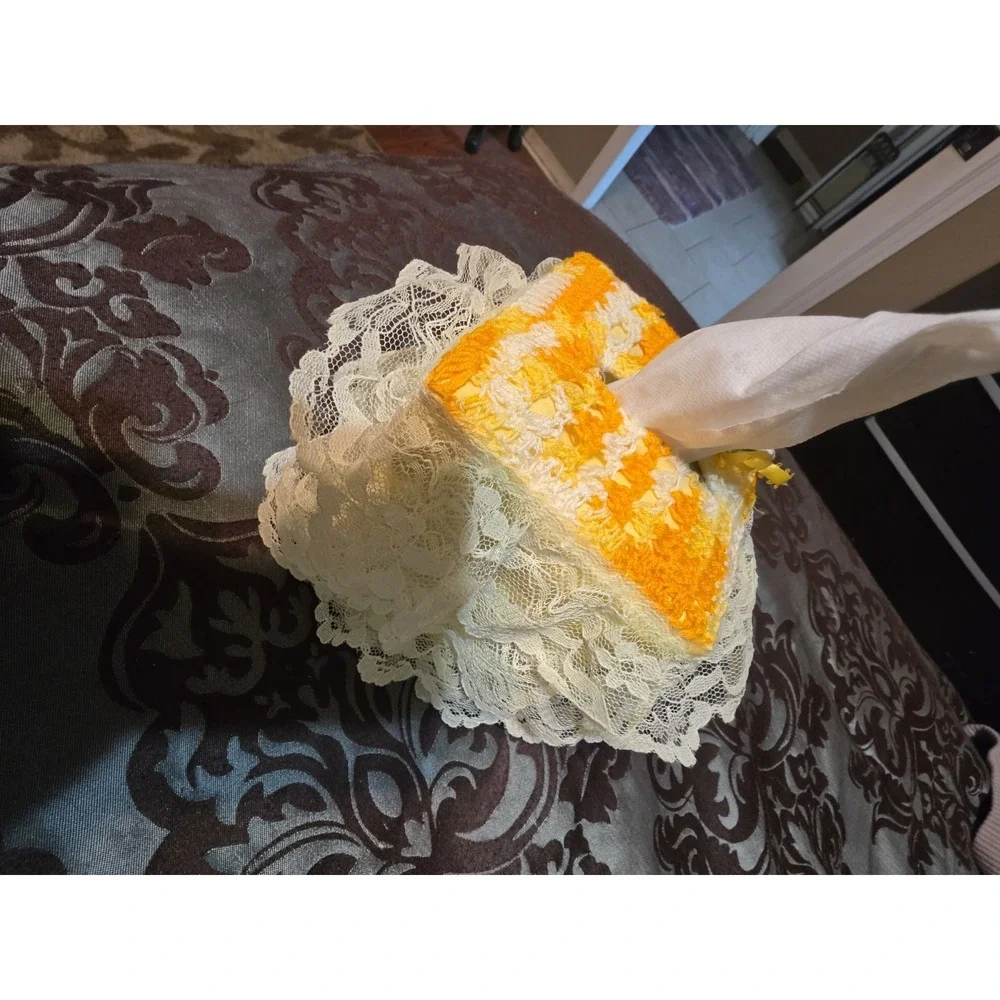Vintage Tissue Box Cover Cozy Handmade Crochet Orange Yellow White